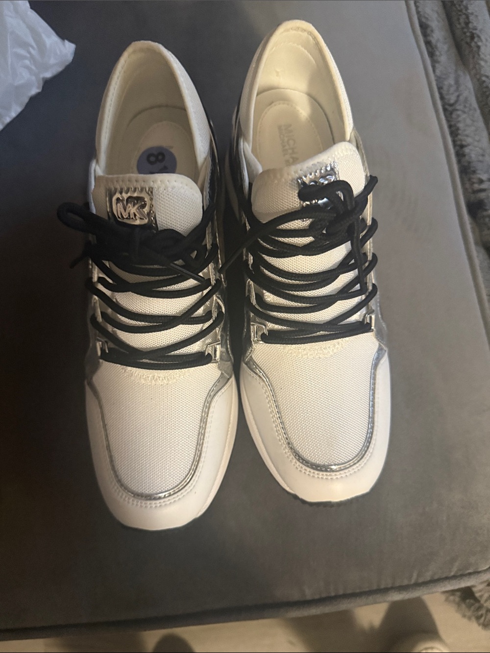 Michael Kors White Sneakers with Silver Panels and Black Accents